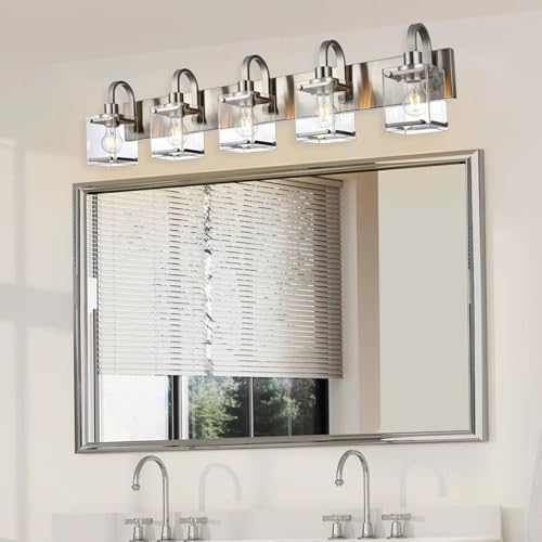 Image of Bathroom Vanity Light 5-Light Wall Sconce Lighting Modern Wall Light with Clear Glass Shade Modern Brushed Nickel Wall Lamp Mounted Lights Over Mirror for Living Room, Bedroom, Hallway