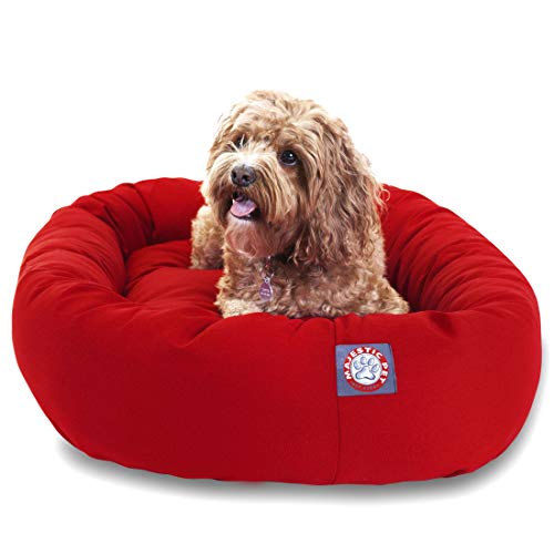 Image of Majestic Pet 32 Inch Bagel Calming Dog Bed Washable - Cozy Soft Round Pet Bed with Spine Support for Dogs to Rest their Head - Fluffy Donut Puppy Bed 32x23x7 (Inch) - Medium - Red