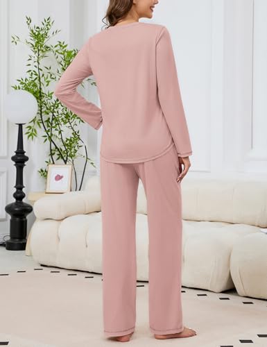 Image of KCW Womens Pajamas Sets 100% Cotton 2 Piece Lounge Set Long Sleeve Tops and Pants Soft Pjs Sleepwear with Pockets