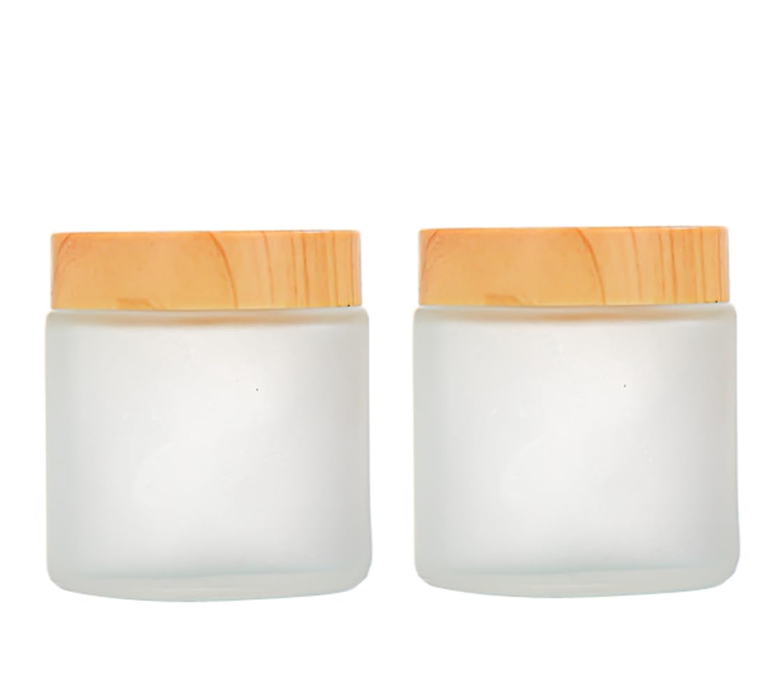 2Pcs 100G/3.4oz Empty White Frosted Glass Jars with Plastic Wood Grain Lids and Inner Liner Refillable Sample Cosmetic Makeup Storage Containers Bottles Pots for Creams Lotions Scrubs DIY Skin Care