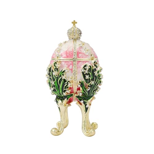 QIFU Hand Painted Pink Faberge Egg Style Enamel Trinket Box, Unique Gift for Family