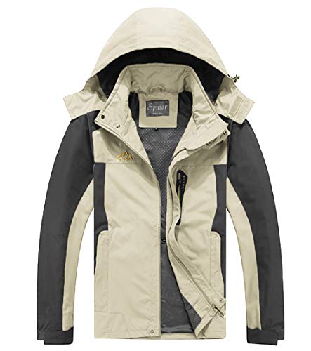 Spmor Men's Outdoor Sports Hooded Windproof Jacket Waterproof Rain Coat Khaki Large Plus
