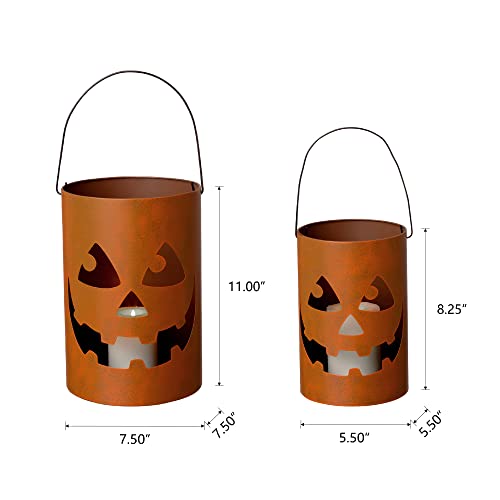 Glitzhome 2 Pack Halloween Jack O Lantern Bucket, 11.02" H Candle Holder Bucket Outdoor Standing Hanging Sign Metal Porch Decor #TOP1
