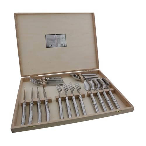 Jean Dubost Laguiole 20-Piece Everyday Flatware Set, Stainless Steel Handles - Rust-Resistant Stainless Steel - Includes Wooden Box - Made in France