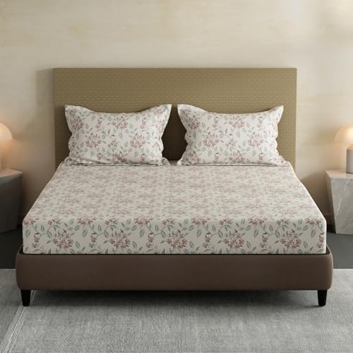 Image of Layers 100% Cotton Fitted Sheet for King Size Bed | Lumina Floret Collection | 144 TC Soft & Breathable | Floral Print with 2 Pillow Covers | Wrinkle Free & Colorfast | 3 Pc Bedding Set - White