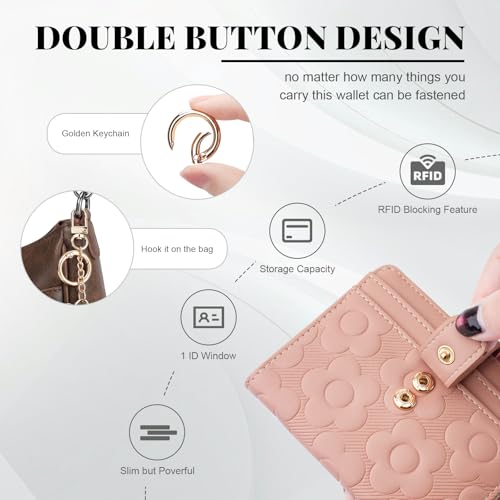 RFID Wallet Women,Slim Small Wallets Embossed Flower Leather Bifold Compact Ladies Girls Wallet with Credit Card Holder Zipper Coin Pocket Pink3