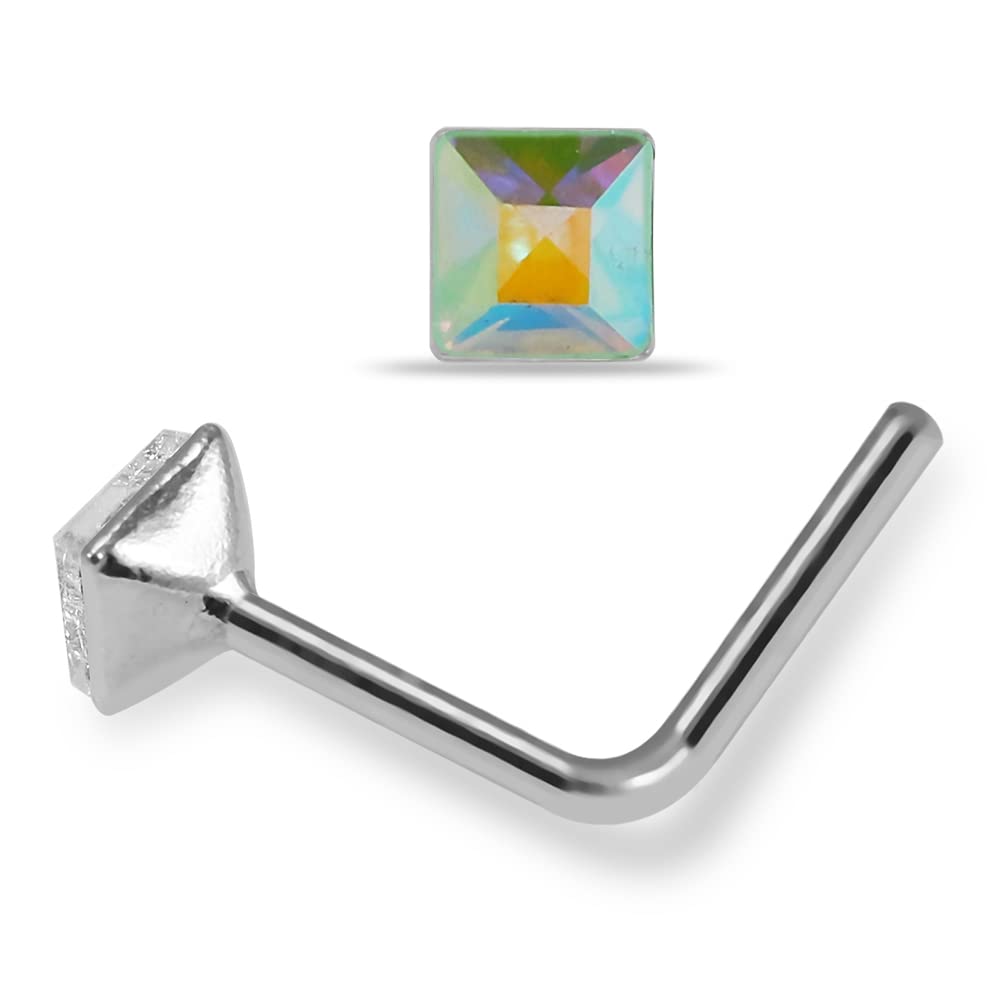 Jeweled Square 925 Sterling Silver L Shaped Nose Pin - Size 20G(0.8MM) 5mmx5mm