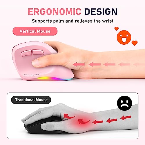 Image of MEETION Ergonomic Wireless Mouse, Bluetooth Vertical Mouse with RGB, Pink | Bluetooth 5.2 /3.0 and USB-A, Comfortable vertical design, 4 adjustable DPI levels for Mac, Windows, Android, PC and tablets