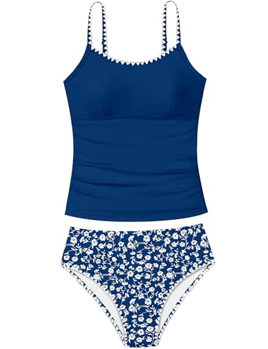 Image of Girls Swimsuit Solid Color Tankini Contrast Trim Swimwear 2 Piece Bathing Suit Padded Swimsuits for Teens 9-16Y