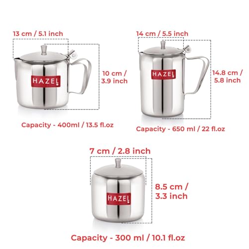 Image of HAZEL Stainless Steel Tea Coffee Sugar Serving Pot with Handle & Lid | Strong and Sturdy, Spill Proof Pouring, Set of 3 | Perfect for Diwali Festival Celebrations