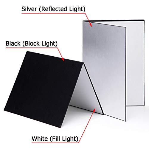 Meking 3 in 1 Photography Reflector Cardboard, 12 x 8 inch Folding Light Diffuser Board for Still Life, Product and Food Photo Shooting - Black, Silver and White, 2 Pack