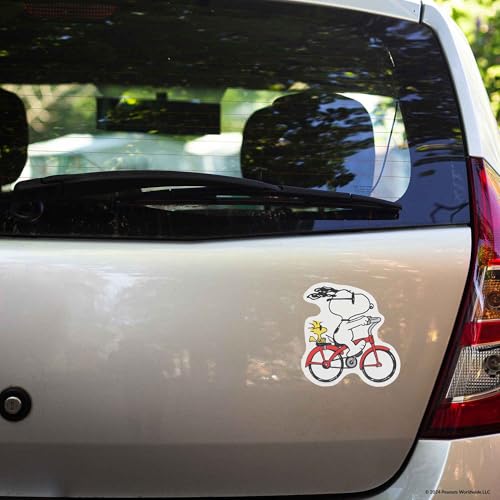 Image of Peanuts Snoopy and Woodstock Biking Adhesive Vinyl Decal - Fun Snoopy Sticker for Car, Window or Laptop