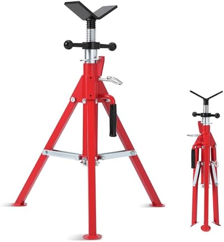 V-Head Heavy-Duty Pipe Jack Stand Adjustable Folding 27 to 52 Inches Adjustable Height 1/8"-12" Wide Pipe Capacity 2500 lbs Load Capacity Folding Legs for Welding Threading Hole Cutting