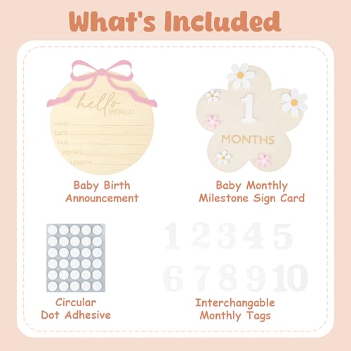 Image of Wooden Baby Announcement Sign & Baby Monthly Milestone Sign Set, Birth Announcement & 1-12 Months Interchangeable Discs for Newborn Girls Photo Props (White Numbers)