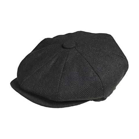 Peaky Blinders 8 Piece 'Newsboy' Style Flat Cap -Melton Wool Fabric , Black Herringbone, Large (59cm) Cover