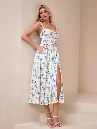 Image of KUTUMAI Floral Corset Midi Dress Flowy Slit Summer Spring Wedding Guest Dresses for Women Sundress with Pockets