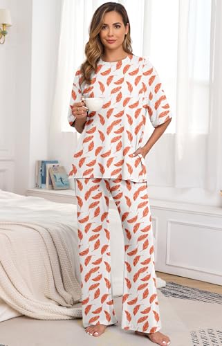 Image of PrinStory Womens Pajamas Sets 2 Piece Lounge Set Short Sleeve Tops and Long Pants Soft Pjs Loungewear with Pockets