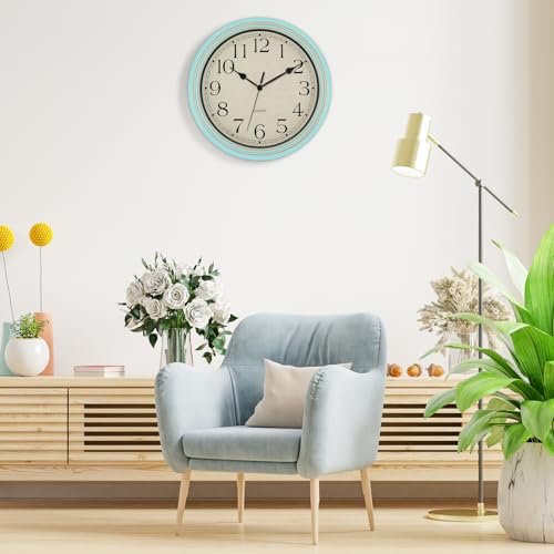 Image of Foxtop 14 Inch Wall Clock Battery Operated Silent Non-Ticking Round Classic Vintage Retro Wall Clock Decorative for Living Room Kitchen Home Office (Light Turquoise)