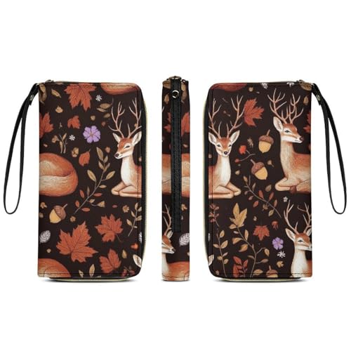 Long PU Zipper Wallet With Rope, Travel Purse Fashion Design, Huge Storage Capacity Wallet, Cute Decor Purse For Men And Women Autumn Leaves Fall Foxes Deer3