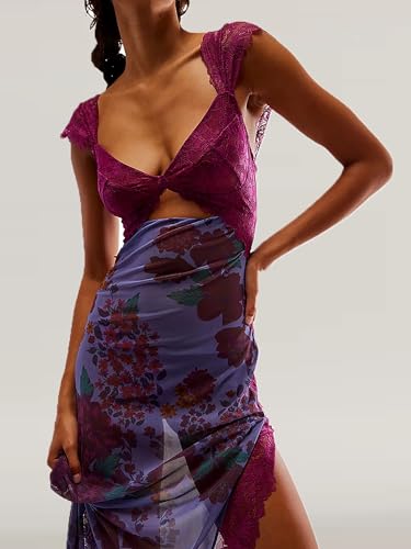 Image of Women Y2K Lace Patchwork Floral Maxi Dress Sexy Cutout V-Neck Bodycon Party Dress Slit Backless Going Out Dress (Purple, L), Large