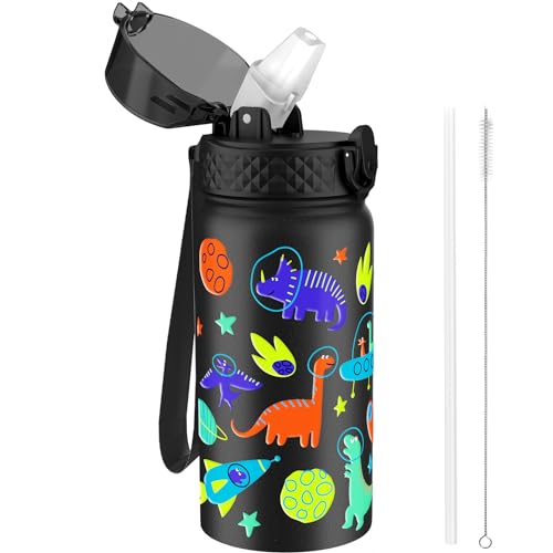 GOPPUS 420ml/14oz Kids Insulated Water Bottle with Straw Cute Double Wall Stainless Steel Child's Small Flask Vacuum Insulated Steel Metal Leak Proof Drink Flask Boys Toddler Girls Bottles BPA-Free