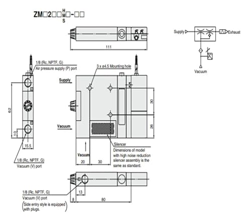 Éjecteur à vide ZM101-J5LZ-E15 avec interrupteur et électrovanne 24V