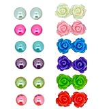 Color 8mm Faux Pearl and Rose Flower Magnetic Stud Earrings for Teen Girls Kids Womens