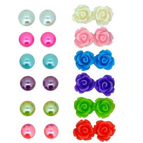 Color 8mm Dome Beads and Rose Flower Magnetic Stud Earrings for Teen Girls Kids Womens