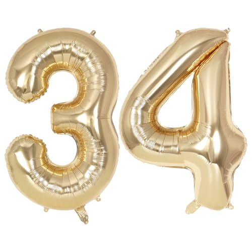 Image of Champagne Large Number 34 Balloon, 40 Inch Light Gold Foil Helium Number Balloons, Giant Mylar Number 34 Balloons for 34 Years Old Birthday Party Anniversary Decorations (Champagne Gold 34)