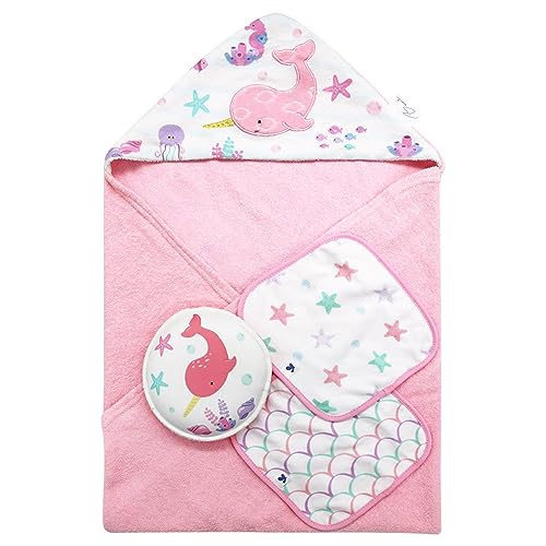 Image of BAMI Baby Bath Set - Soft Cotton Hooded Towel with 2 Facial Towels and Bath Sponge - Ultra-Absorbent, Gentle for Sensitive Skin, Ideal for Newborns and Toddlers