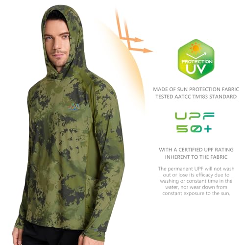 Image of Men's UPF 50+ Hoodie Shirt Long Sleeve Permanent UV Sun Protection Vented Tee Performance for Outdoor Hiking Fishing