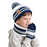 Kids Winter Hat Scarf Gloves: Boys Beanie Hats Gloves Set for Ages 6-10 Warm Thick Fleece Lined Winter Set with Pom Pom Knit Cap Neck Warmer for Children Sledding Outdoor Activities - Navy Blue