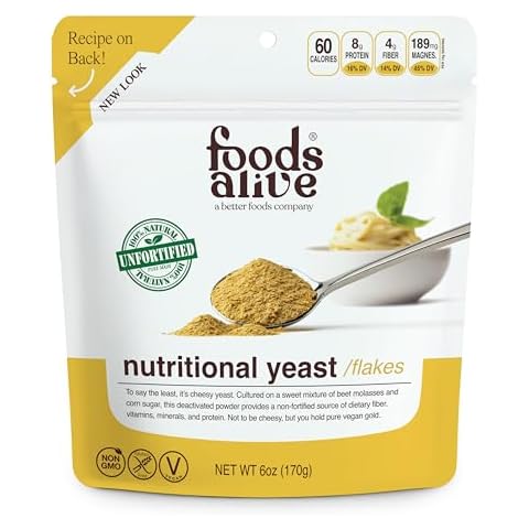 Foods Alive Non-Fortified Premium Nutritional Yeast Flakes, 6 Ounce Unfortified Vegan Cheese Powder Seasoning Cover