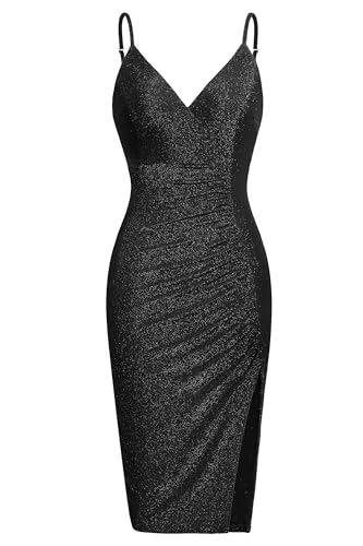 oten Women's Sexy Sparkle Dresses V Neck Spaghetti Straps Ruched Slit Bodycon Cocktail Party Midi Dress