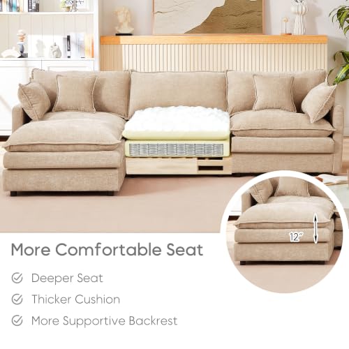 Image of 110.5 inch L Shaped Modular Sectional Sofa, Comfy Upholstery Chenille Cloud Couch with Ottoman, Modern 4-Seat Deep Seat Sofa with Pillow for Living Room, Bedroom, Apartment, Coffee Brown