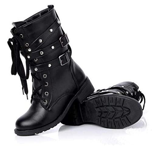 Women Motorcycle Boots Stylish Retro Combat Mid-calf Lace up Combat Boots with Studded Low Block Heels2