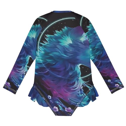 Girls One Piece Swimsuits Long Sleeve Swimsuit Zipper Bathing Suits Wolf Galaxy Wolves Head2