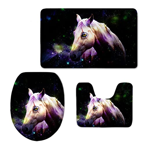3 Teilig Badematte Set Weißes Pferd 3D Badematten Set rutschfest, Badezimmerteppich,U-förmiger WC-Vorleger,WC…