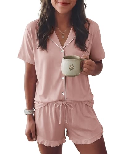 Image of Ekouaer Womens Pajama Sets Button Down Short Sleeve Top and Shorts Cute Ruffled Pjs Sets Sleepwear