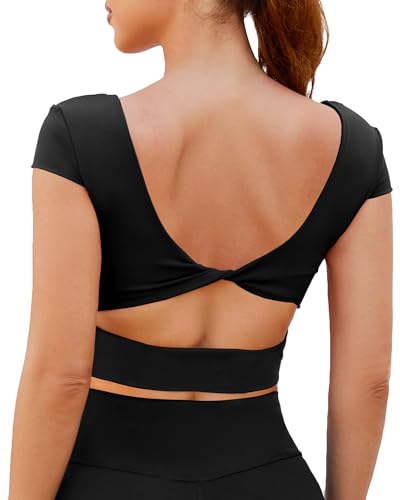 DaiLiWei Open Back Workout Tops for Women Short Sleeve Longline Sports Bras Support Crop Tank Yoga Shirts with Built in Bra Black