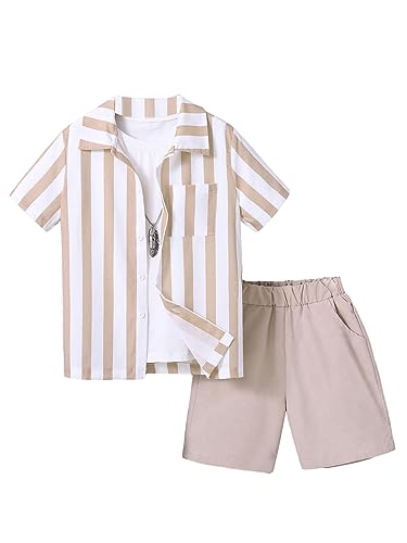 Image of OYOANGLE Boy's 2 Piece Outfits Tracksuit Short Sleeve Striped Button Down Blouse Shirt Top and Shorts with Pockets Khaki White 11-12Y