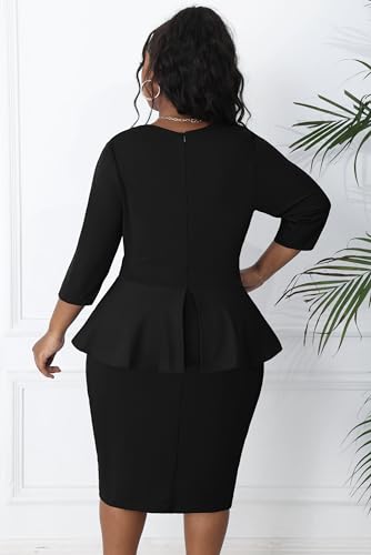 Runwind Plus Size Dresses for Curvy Women, Work Church Professional Office Vintage Peplum Pencil Dress V Neck 3/4 Sleeve4