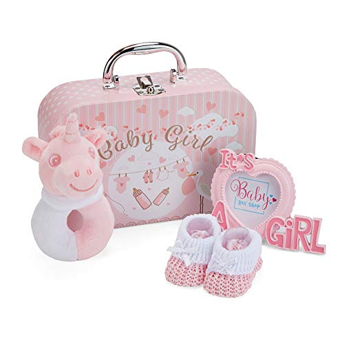 Baby Gift Set In Pink - Baby Shower Hamper For Baby Girl With Baby Gifts Including A Rattle, Photo Frame, Muslin Cloth, Bib, Mitts And Hat #TOP3