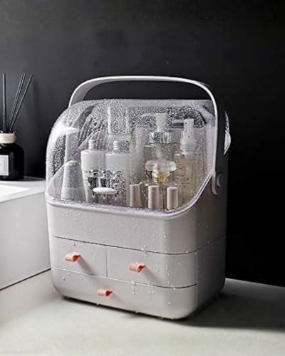 Image of LINFIDITE Cosmetic Storage Box with Lid Waterproof&Dustproof Makeup Organizer Box Portable Handle,Large Makeup Display Case with Drawers Fully Open Lid,Great for Bathroom Countertop Bedroom Dresser