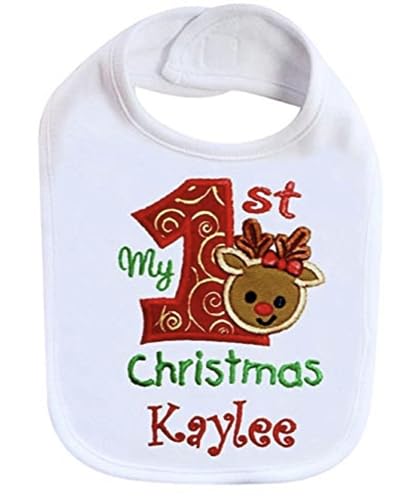 First Christmas Baby Bib Holiday Reindeer Unisex and Personalized with Custom Name