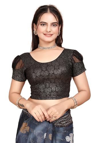 Image of SFT Women's Organza Patch Readymade Saree Blouse with Round Neck Half Sleeves Abstract Pattern Pull On Closure Regular Fit and Standard Length