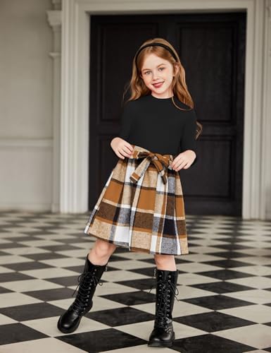 Arshiner Girls Dresses Long Sleeve Rib Knit Plaid Patchwork Belted Dress with Pockets3