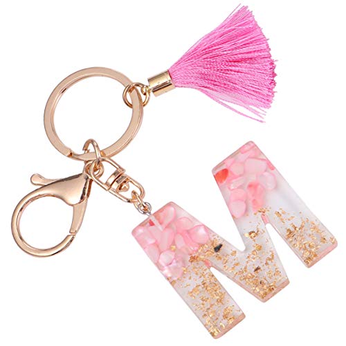 NUOBESTY Pompon Lettre Initiale Porte-Clés 1 Pc 10 X 4Cm Rose M Lettre Alphabet Pendentif Porte-Clés Femmes Sac à Main Charmes Alphabet Pendentif Porte-Clés avec Gland Boule de Verre pour