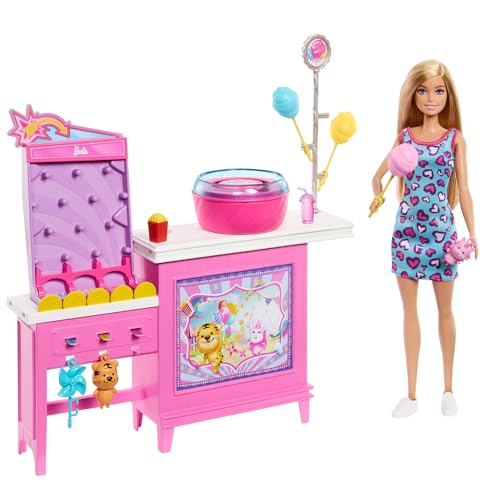 Poupée Les Mystères de Barbie : Détectives de Plage « Malibu » avec coffret stand de jeu et barbe à papa, avec 20 accessoires, y compris des prix, JFV67