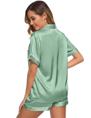 Image of SWOMOG Womens Silk Satin Pajamas Set Short Sleeve Sleepwear Button Down Top and Shorts Loungewear 2 Piece Pjs Set XS-3XL